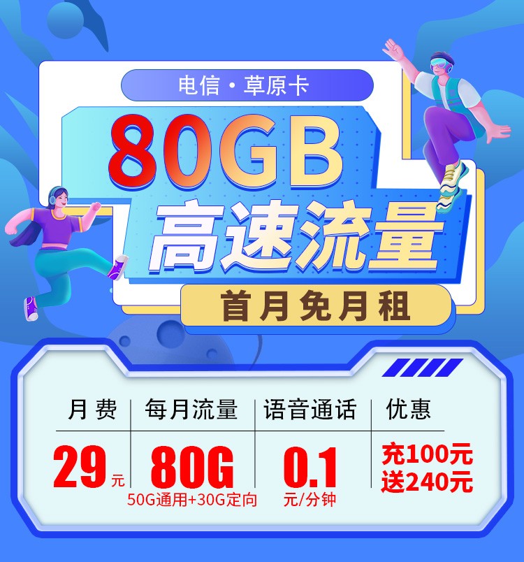 电信草原卡29元80G+视频会员两年