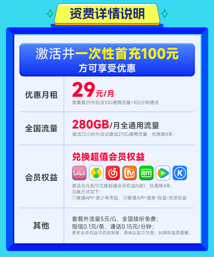 【联通碧桐卡29元280G+100分钟+视频会员四年】图2