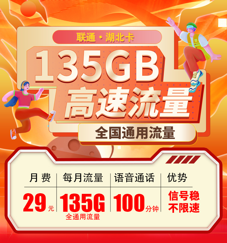 联通湖北卡29元135G+100分钟